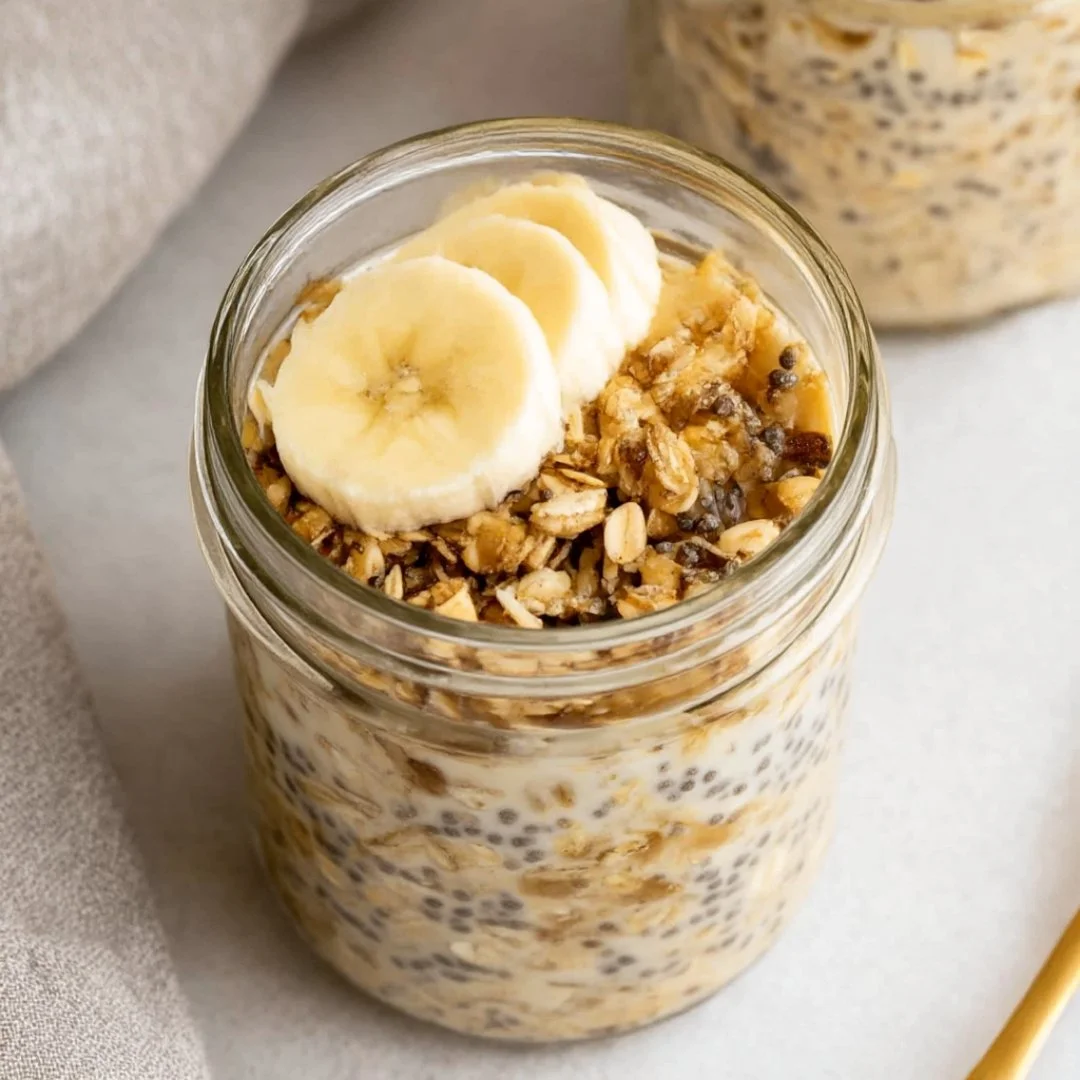 Bowl of brown sugar overnight oats topped with fruits and nuts.