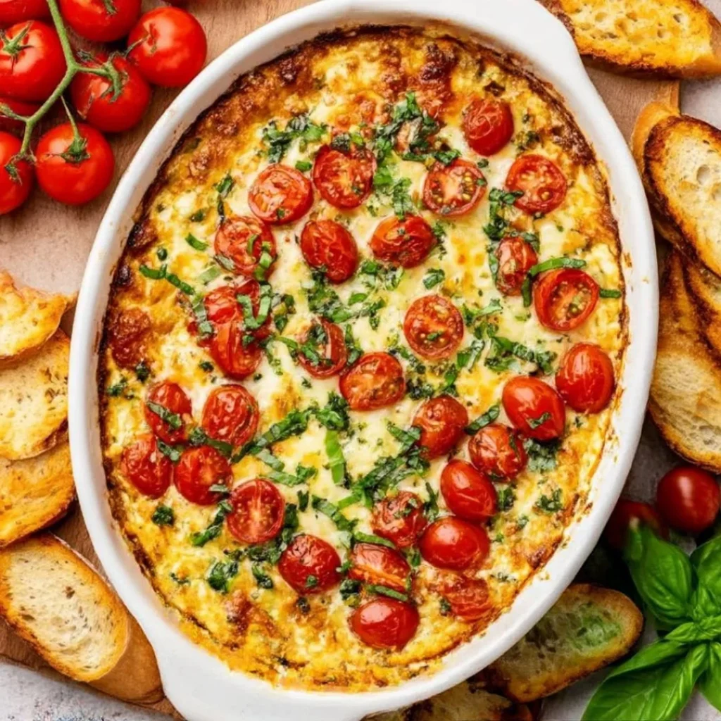 Delicious Caprese Dip made with fresh tomatoes, mozzarella, and basil.
