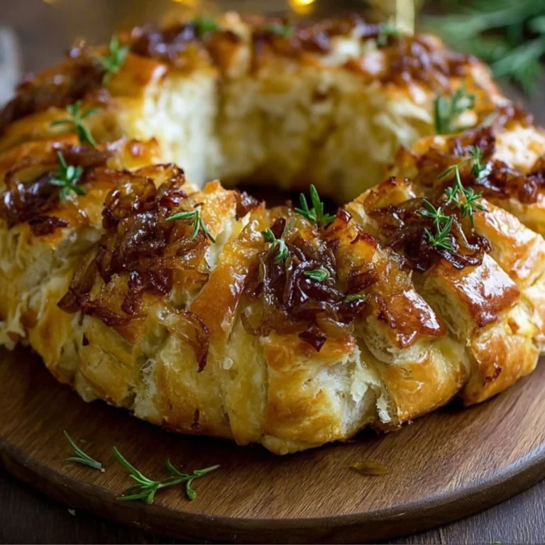 Caramelized onion and Gruyère stuffed bread wreath showcasing golden crust and filling