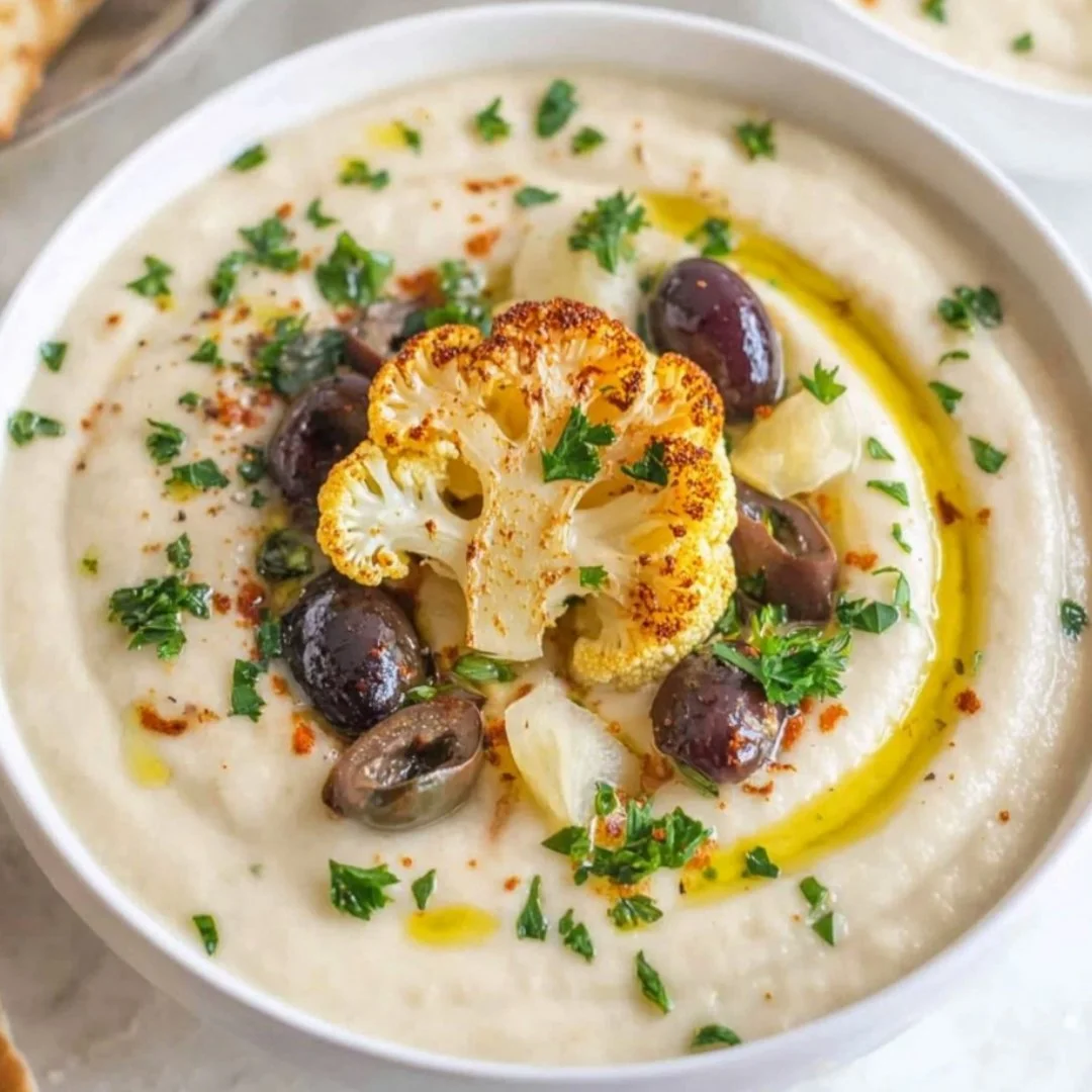 Bowl of creamy cauliflower soup garnished with herbs