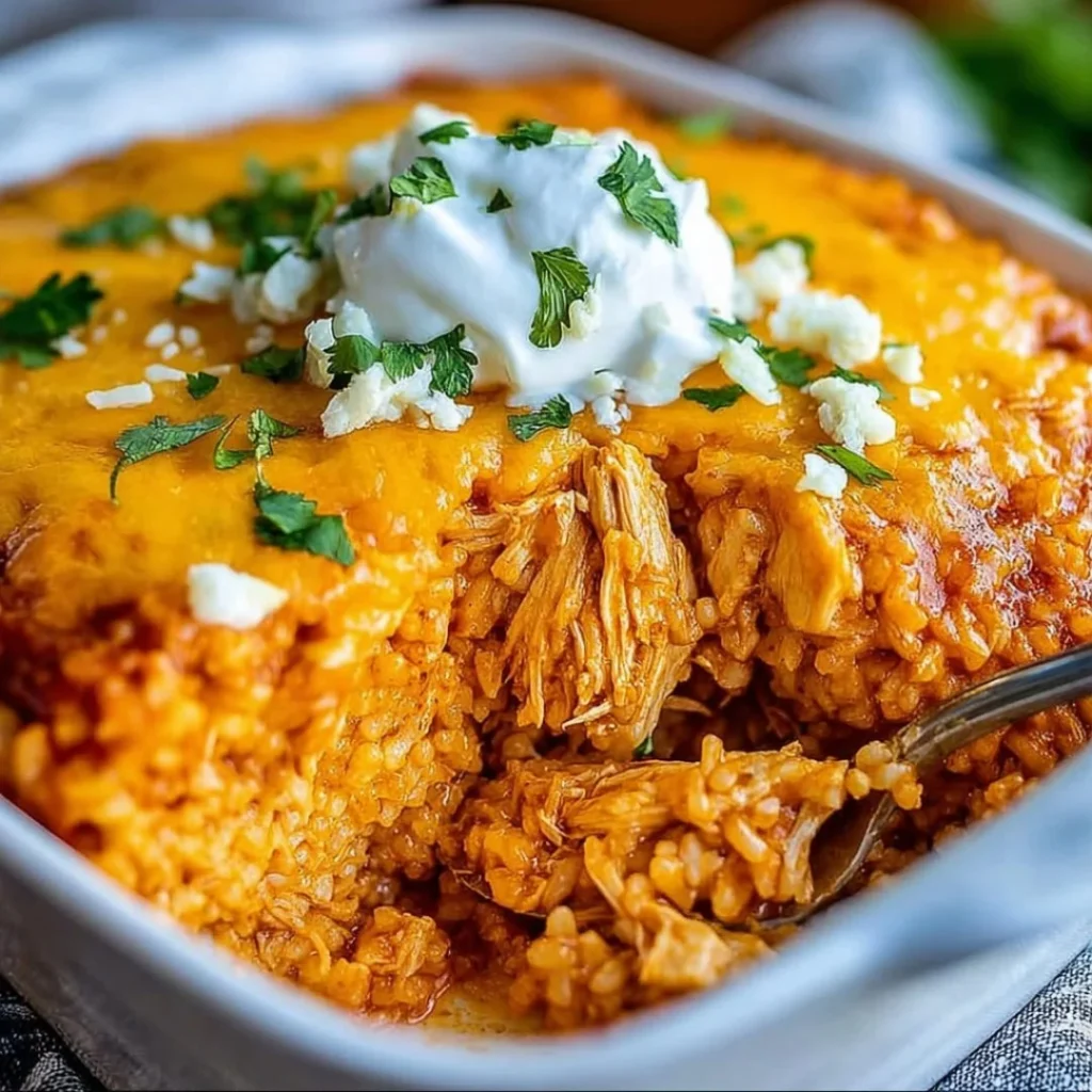 Delicious chicken enchilada rice casserole topped with melted cheese and fresh herbs