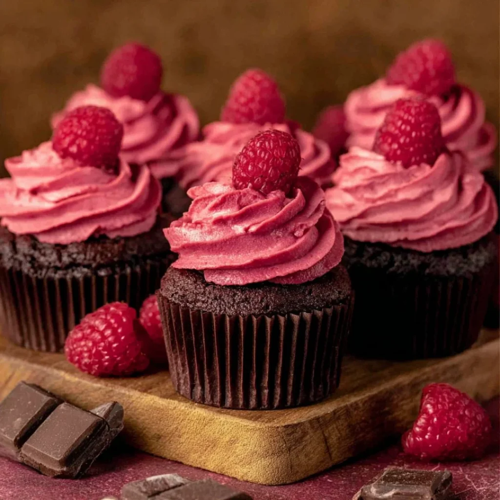 Decadent Chocolate Raspberry Cupcakes topped with fresh raspberries