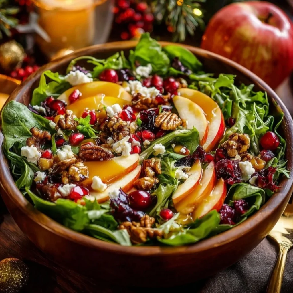 Christmas Salad with Honey Mustard Dressing in a festive bowl garnish