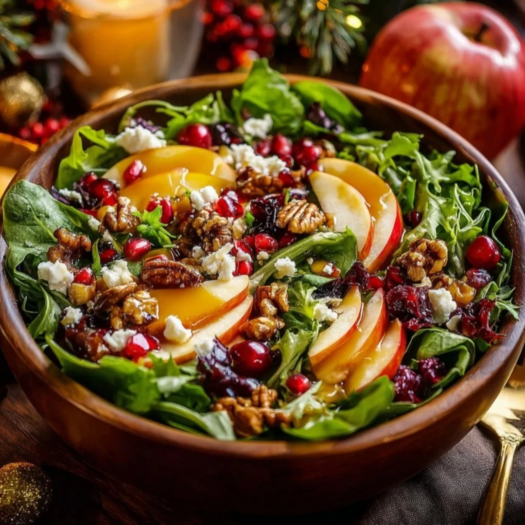 Christmas Salad with Honey Mustard Dressing in a festive bowl garnish