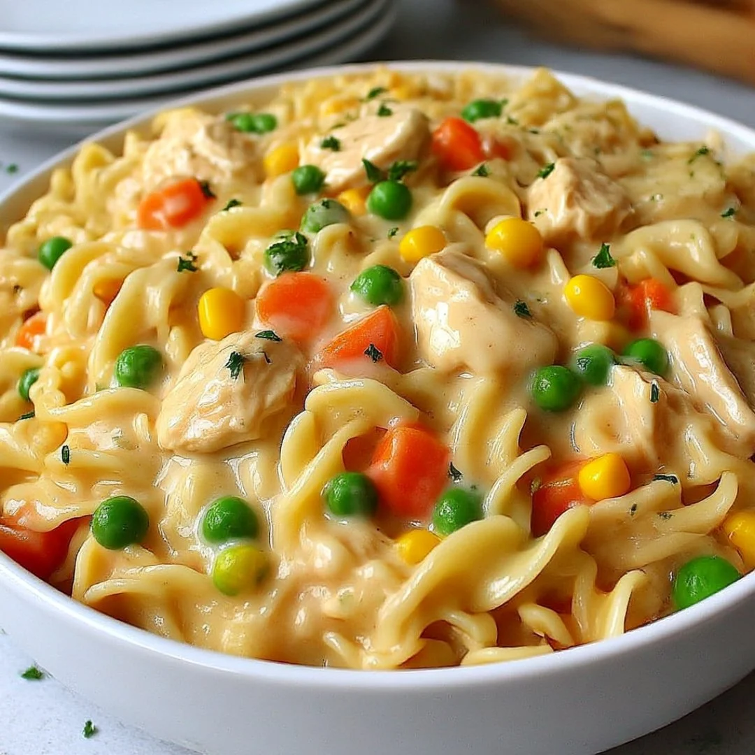 Creamy Chicken Pot Pie Pasta with vegetables in a skillet