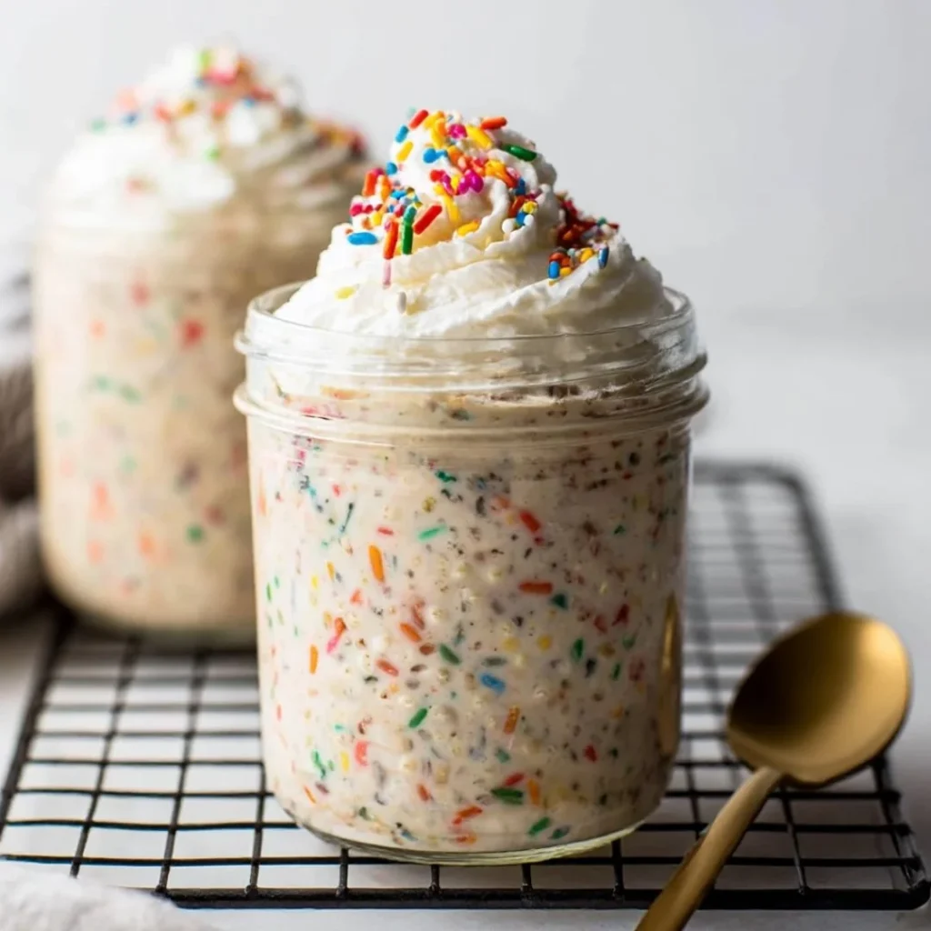 Cozy Birthday Cake Overnight Oats topped with sprinkles and fruit