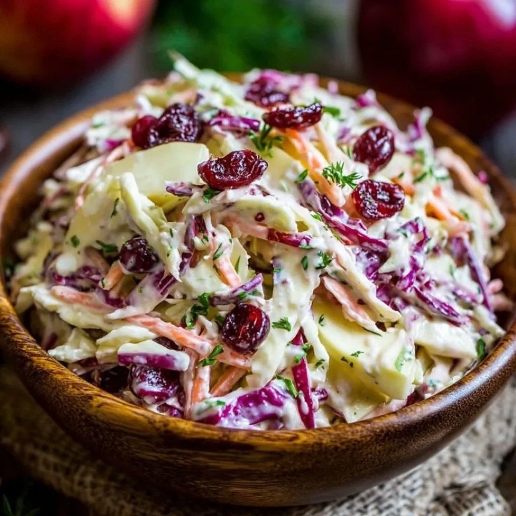 Bowl of vibrant Cranberry Apple Coleslaw topped with cranberries and apple slices.