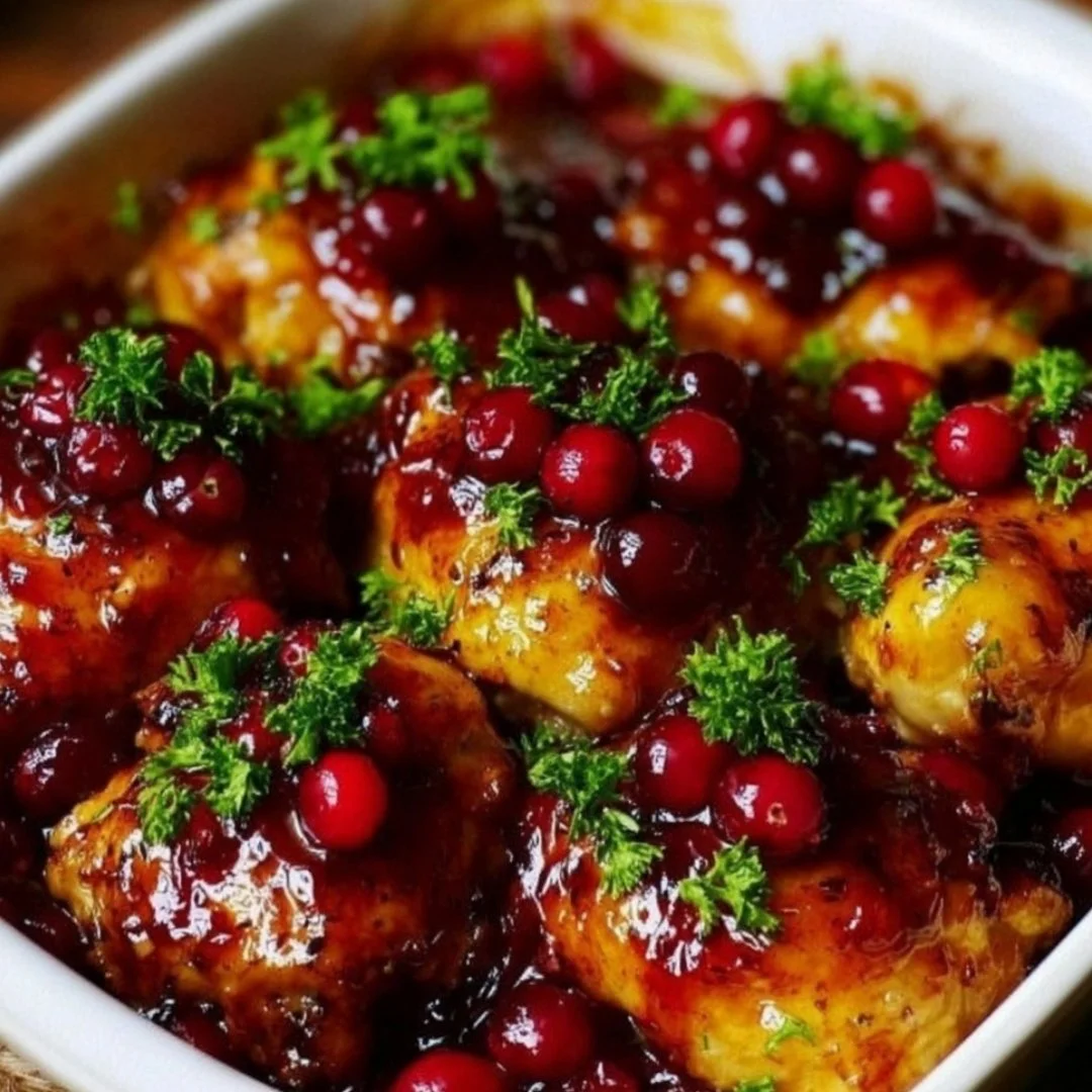 Cranberry Orange Glazed Chicken served with fresh herbs and garnished.
