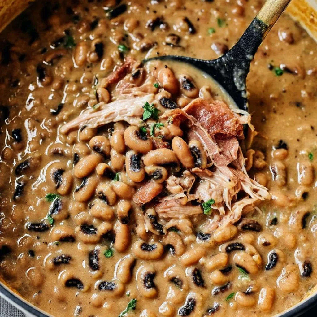 Creamy black eyed peas dish topped with herbs and spices in a bowl