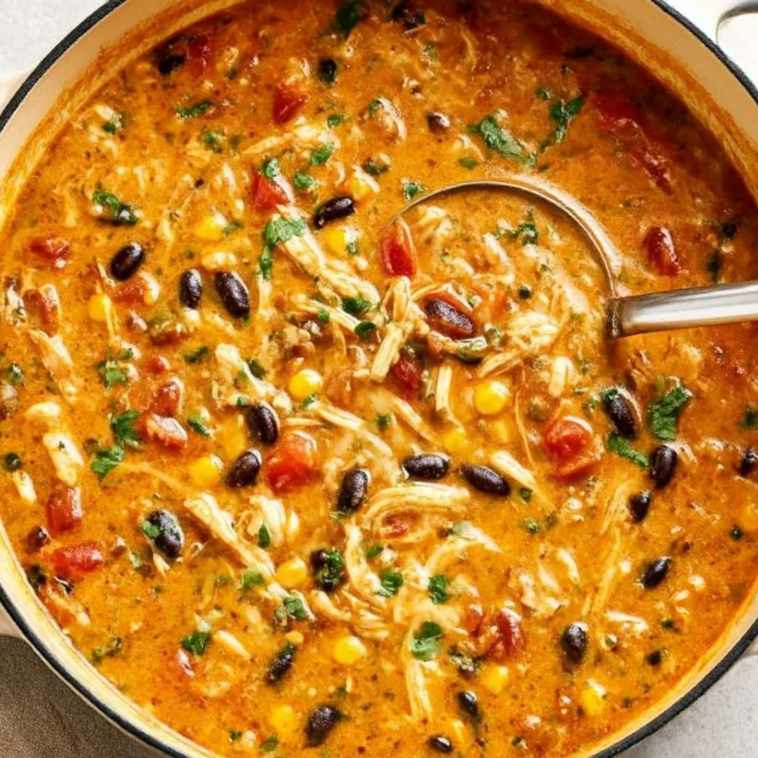 Delicious creamy Chicken Tortilla Soup topped with tortilla strips and garnishes