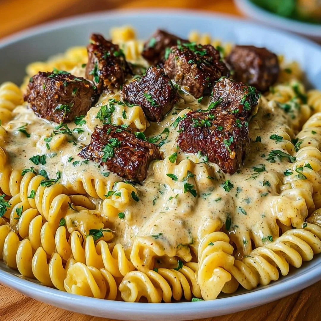 Delicious creamy garlic butter steak rigatoni plated with garnishes