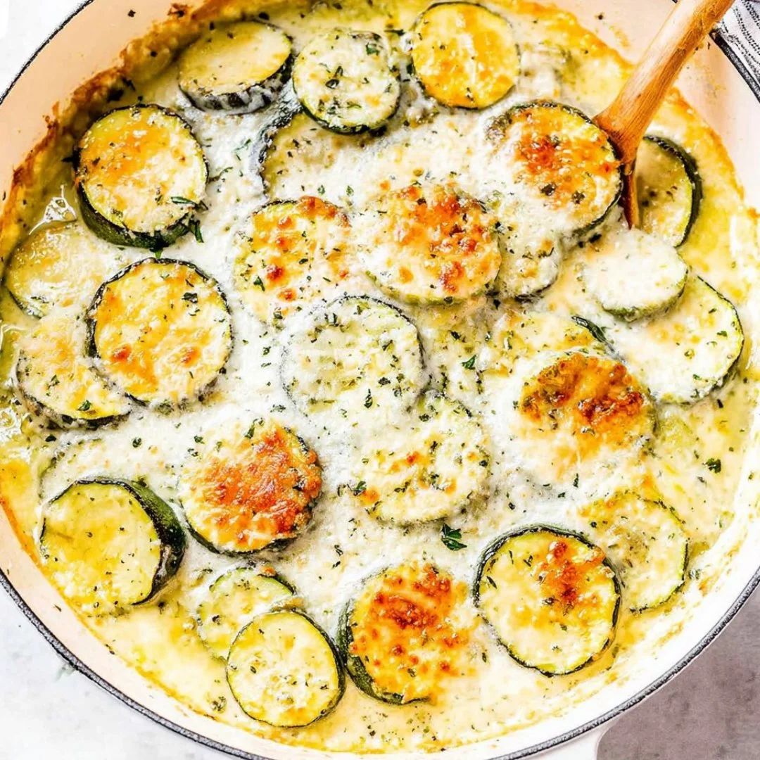 Creamy Parmesan baked zucchini dish garnished and ready to serve