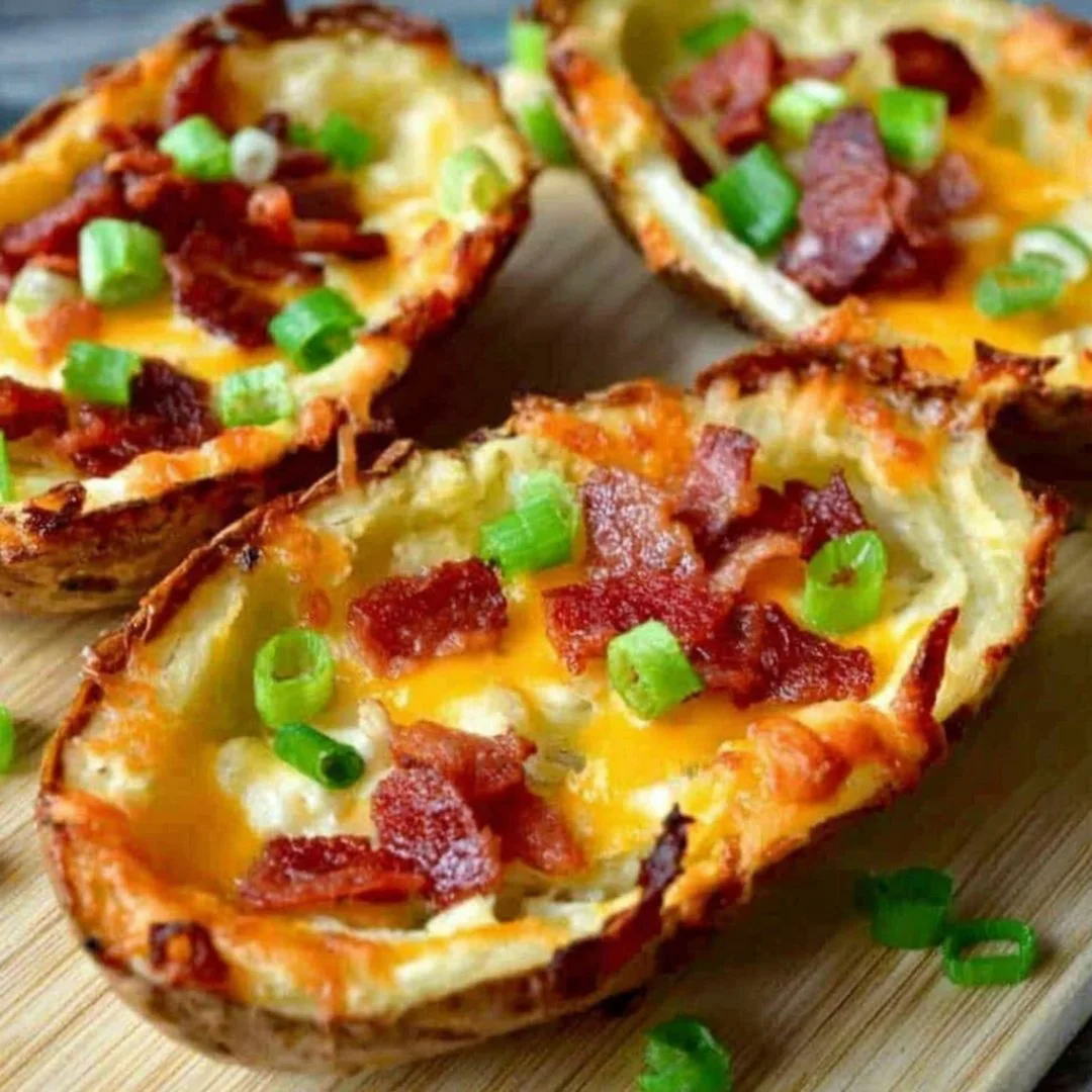 Crispy baked potato skins topped with bacon and green onions on a plate.