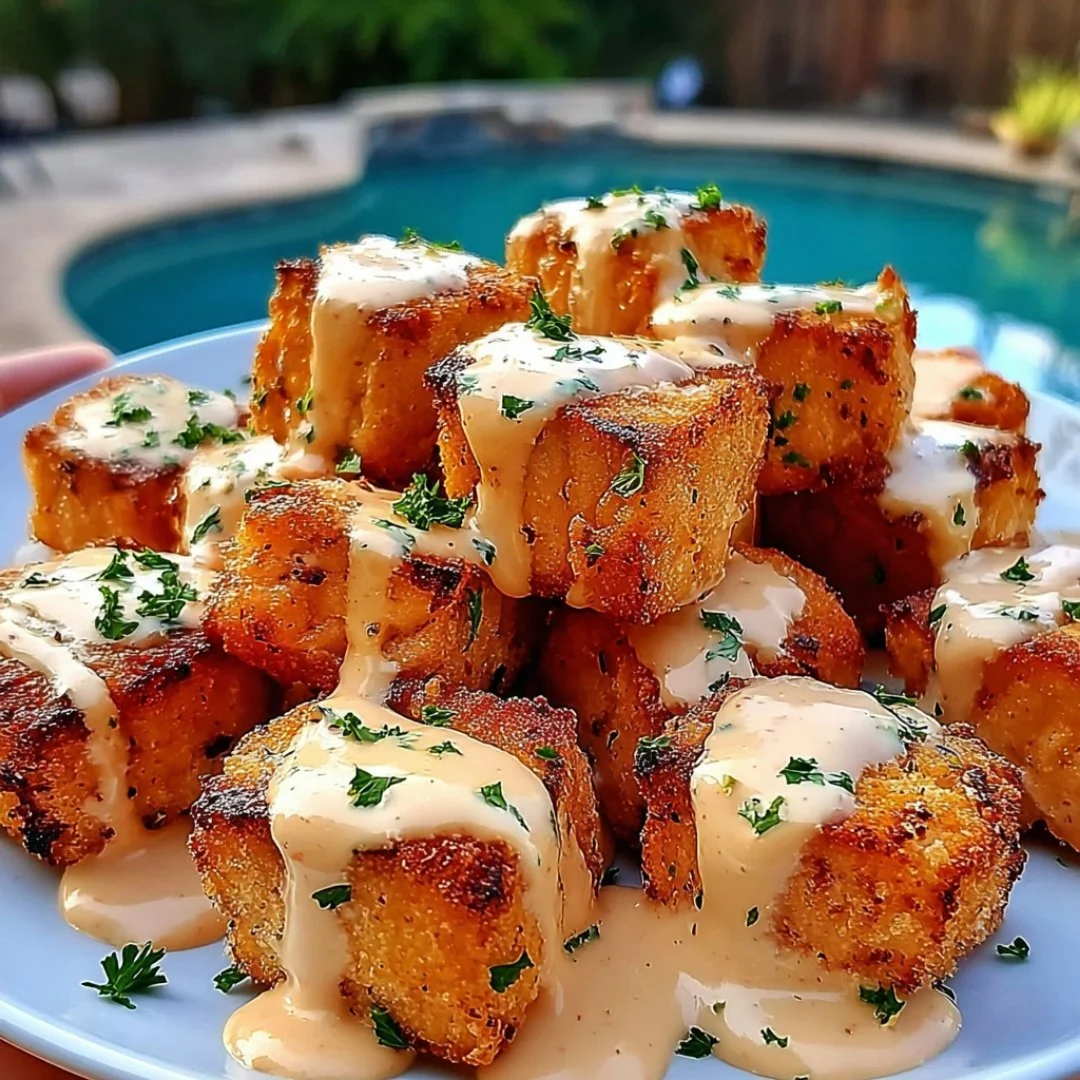 Crispy Bang Bang Salmon Bites served with a spicy dipping sauce