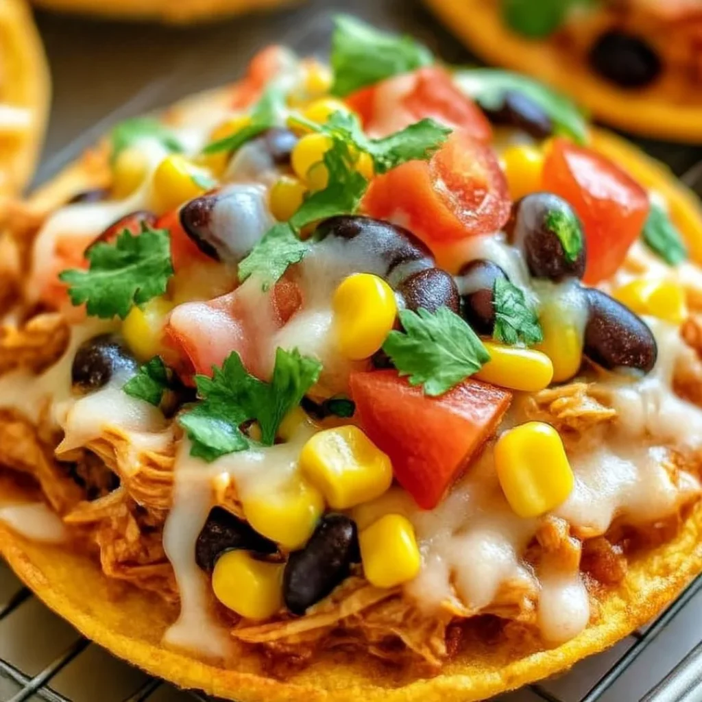 Plate of crispy rotisserie chicken tostadas topped with fresh vegetables.