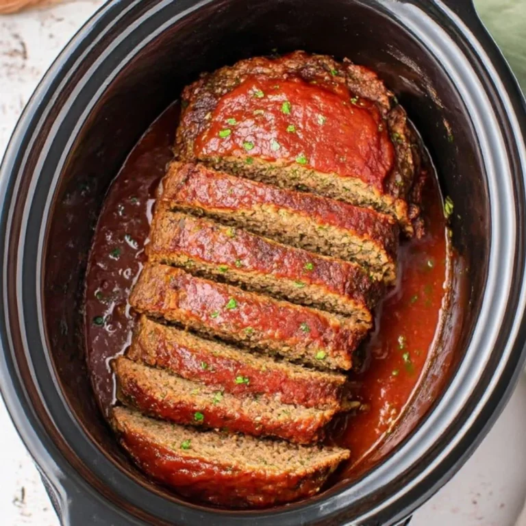 Crockpot meatloaf served on a plate with vegetables