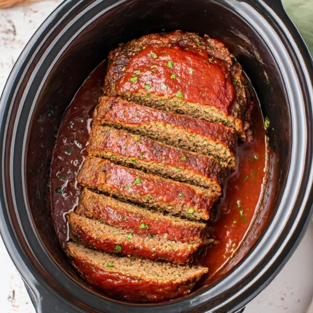 Crockpot meatloaf served on a plate with vegetables