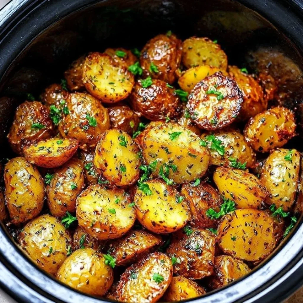 Delicious Crockpot Parmesan Roasted Potatoes ready to serve.