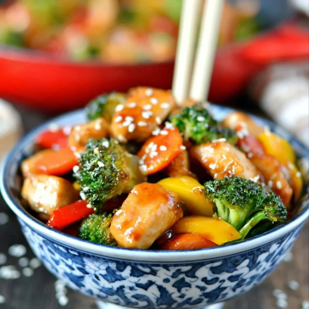 Delicious chicken stir fry with colorful fresh vegetables on a plate