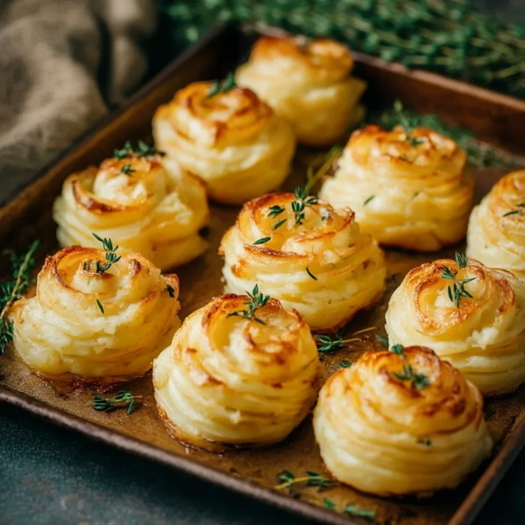 Elegant Duchess Potatoes served on a plate, showcasing their piped appearance.