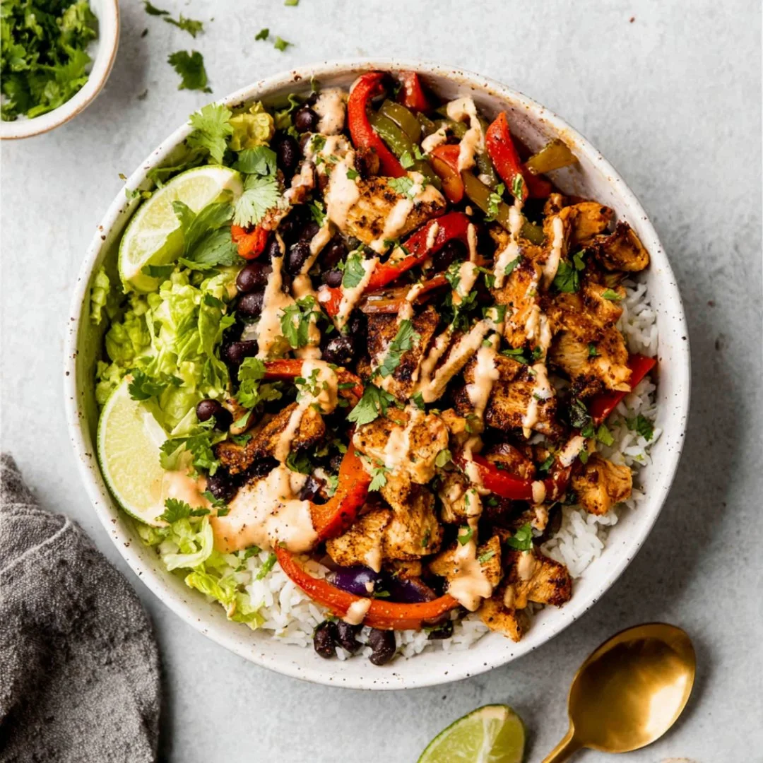 Easy chicken fajita burrito bowls with colorful vegetables and seasoning