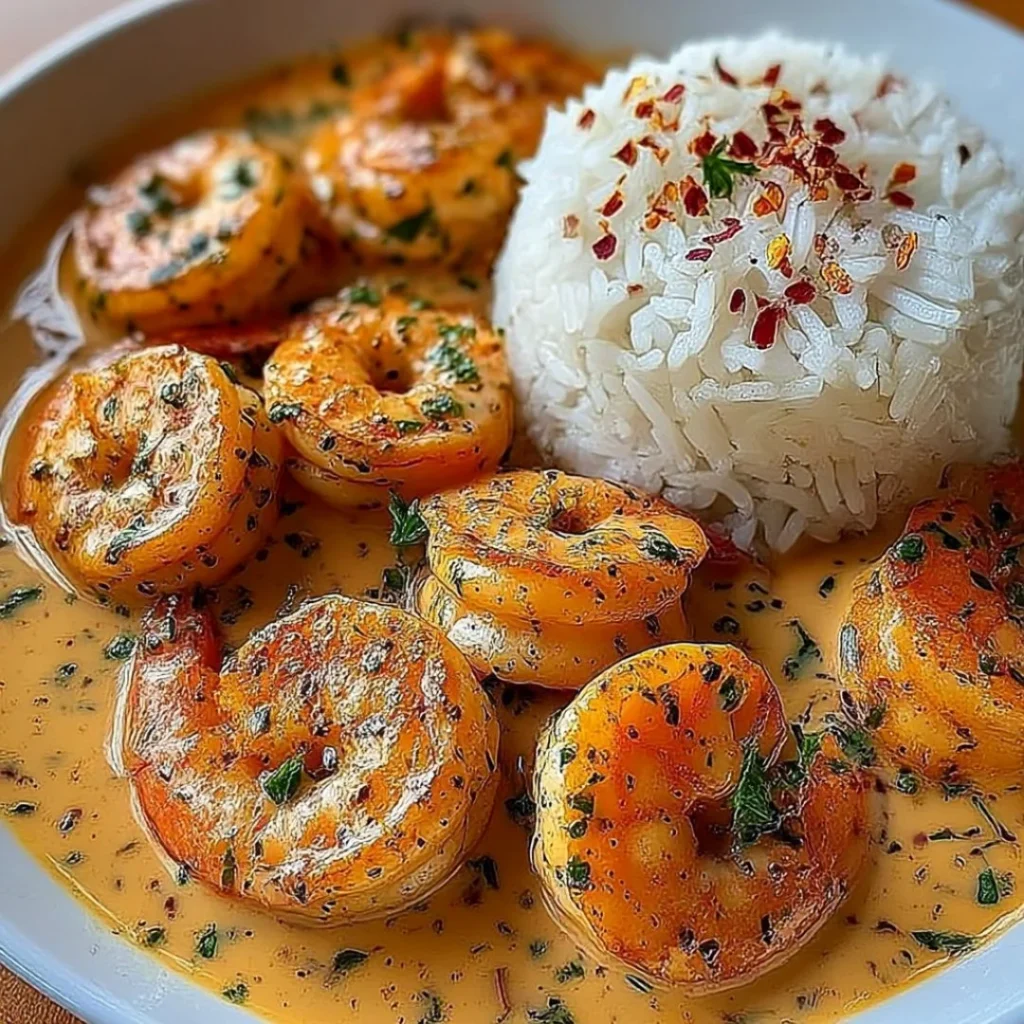 Plate of easy creamy garlic shrimp with herbs and spices on a wooden table.