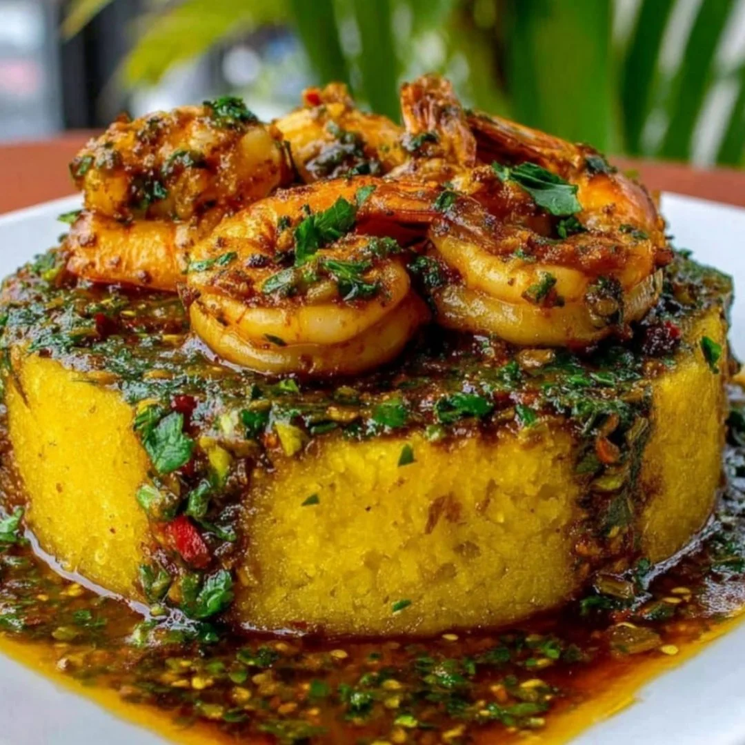 Plate of Garlic Shrimp Mofongo topped with fresh herbs and served with sauce.