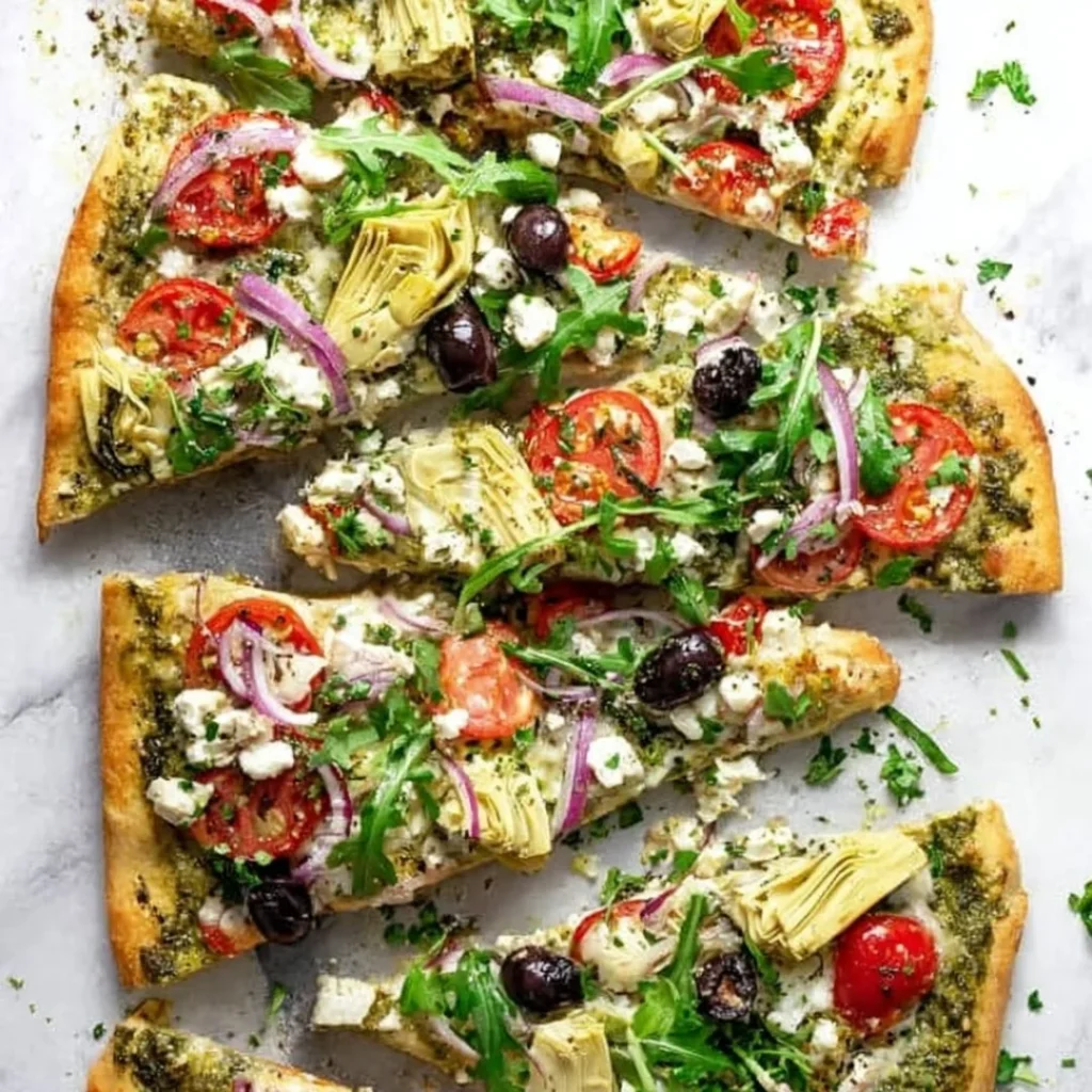 Delicious Greek Flatbread Pizza topped with fresh ingredients and herbs.