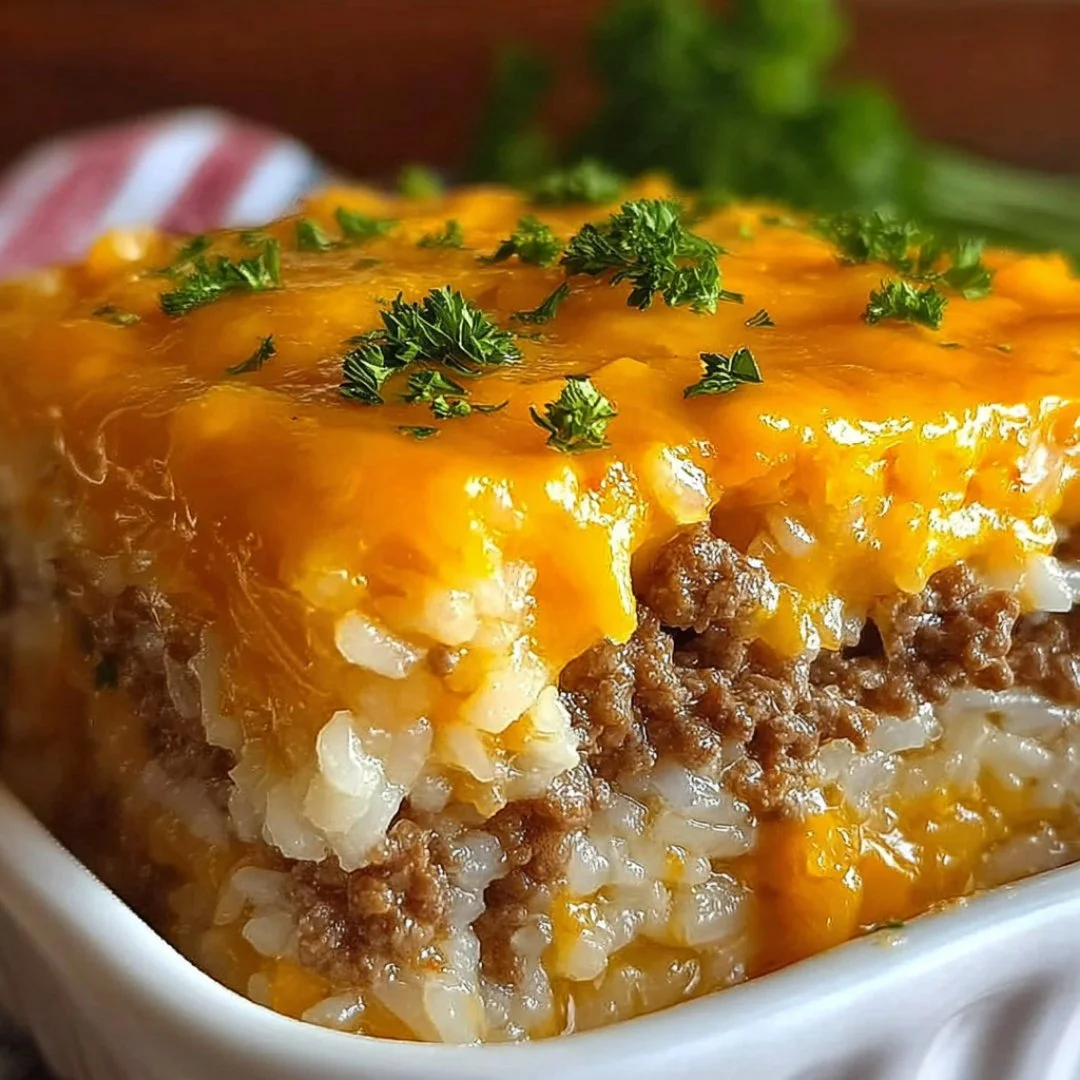 Delicious ground beef and rice casserole served in a baking dish