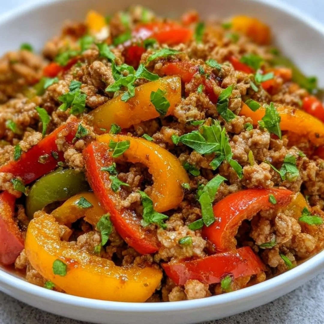 Ground turkey and colorful peppers sautéed in a healthy recipe
