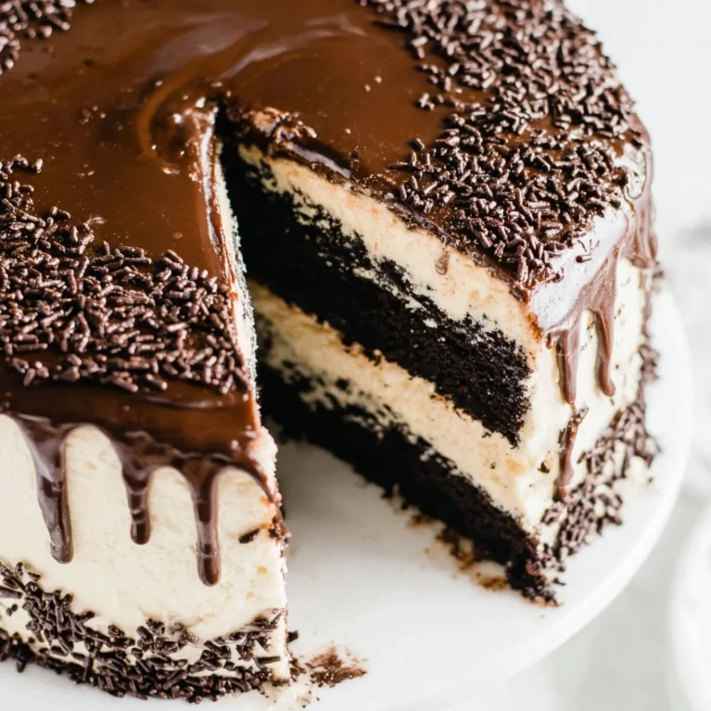 Delicious Guinness chocolate cake with Irish buttercream frosting served on a plate.