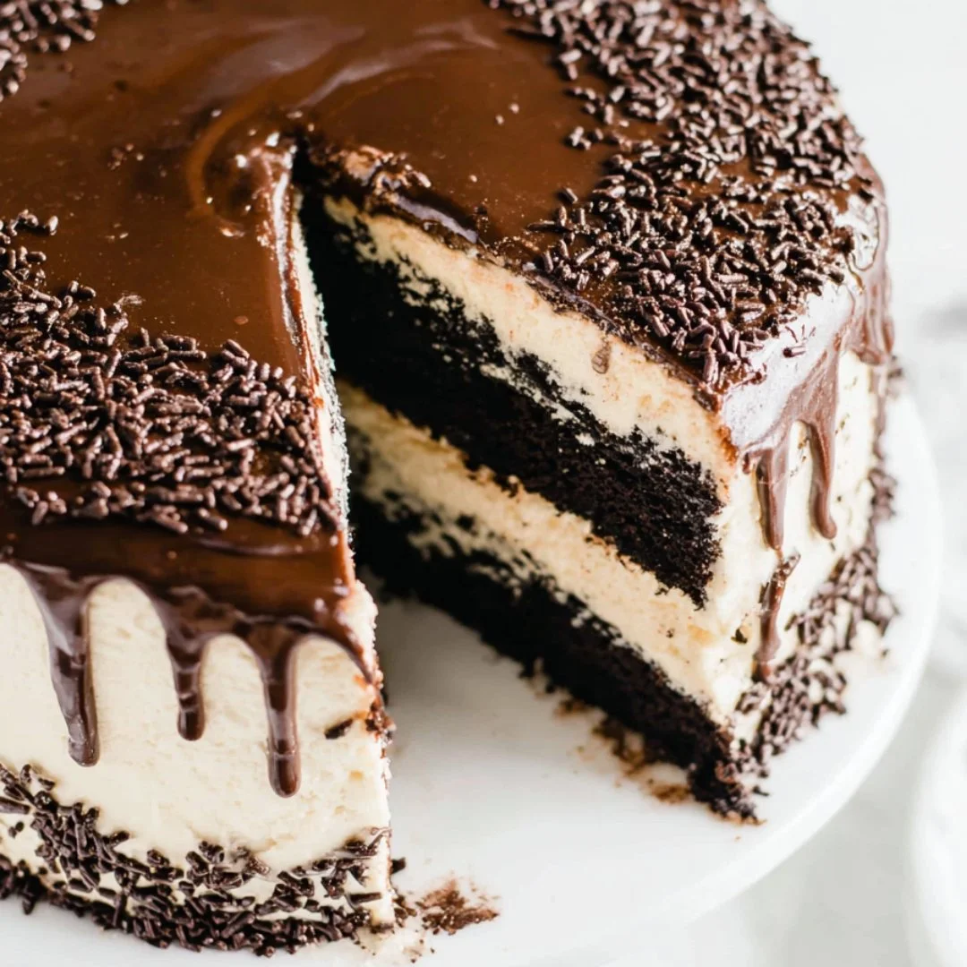 Delicious Guinness chocolate cake with Irish buttercream frosting served on a plate.