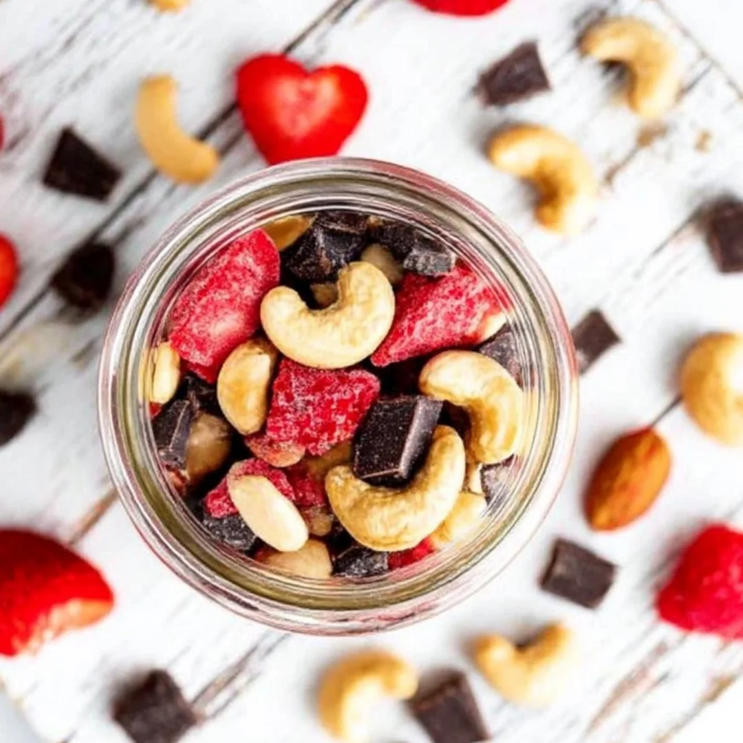 Heart healthy trail mix loaded with nuts, seeds, and dried fruits for nutritious snacking.