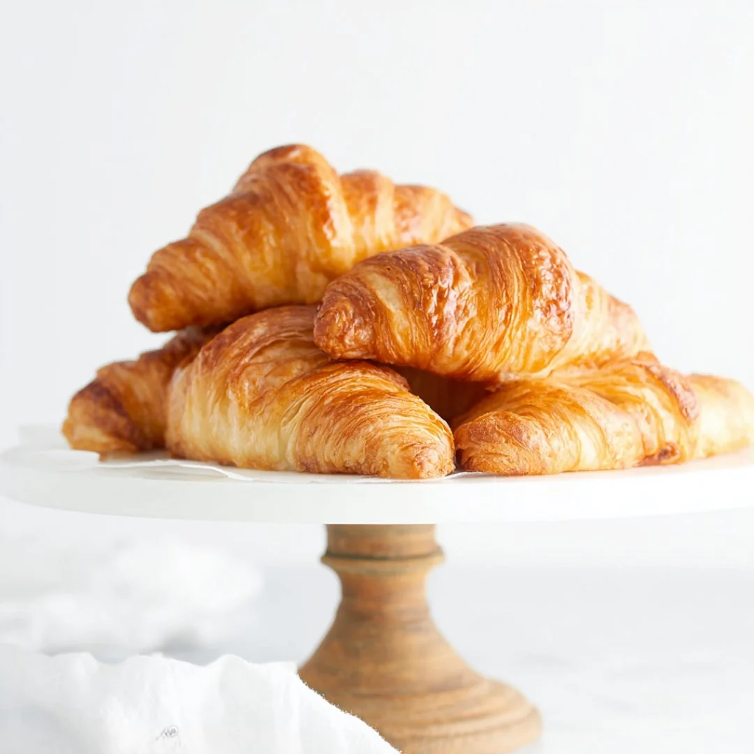 Freshly baked homemade classic croissants on a wooden table