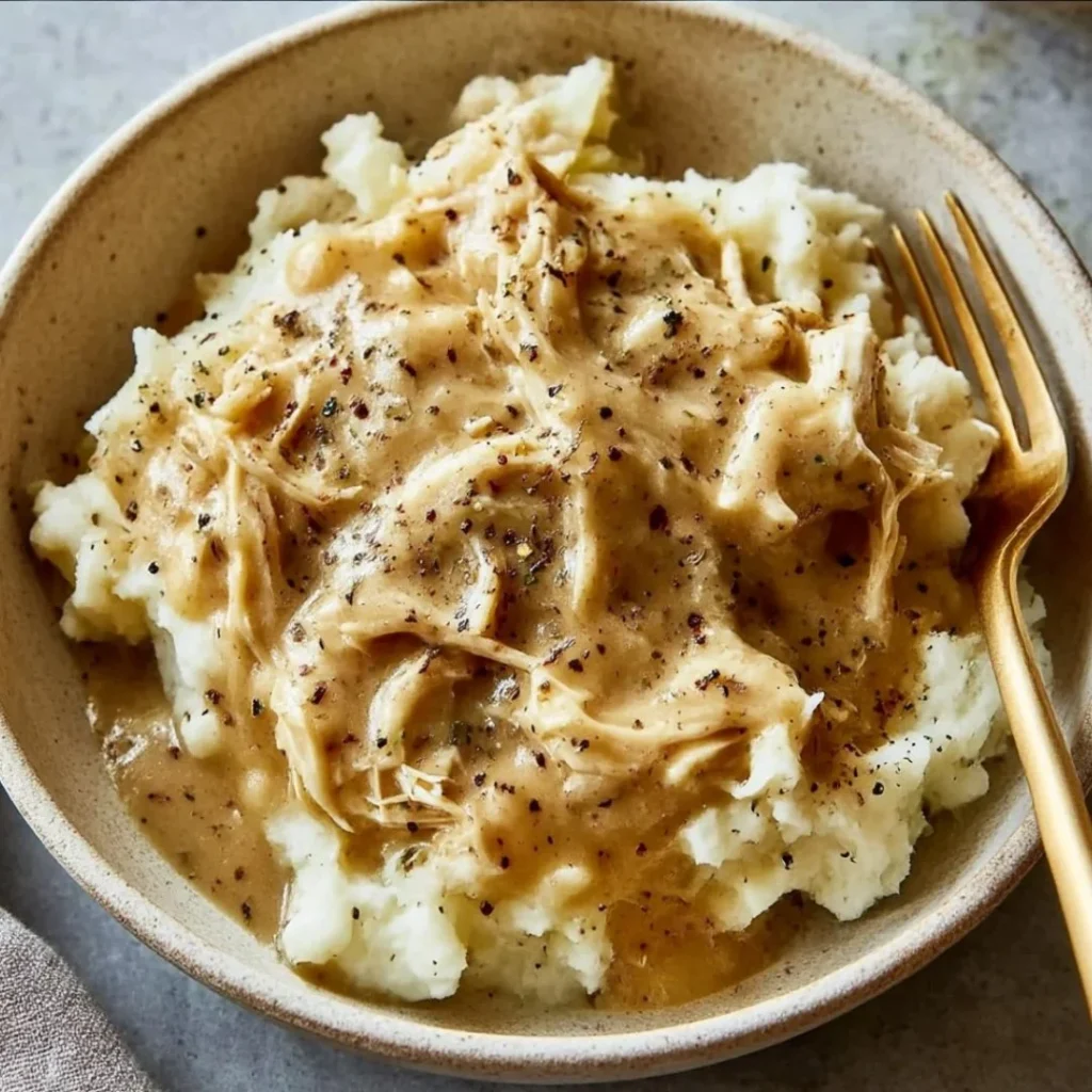 Delicious homestyle chicken and gravy served with mashed potatoes