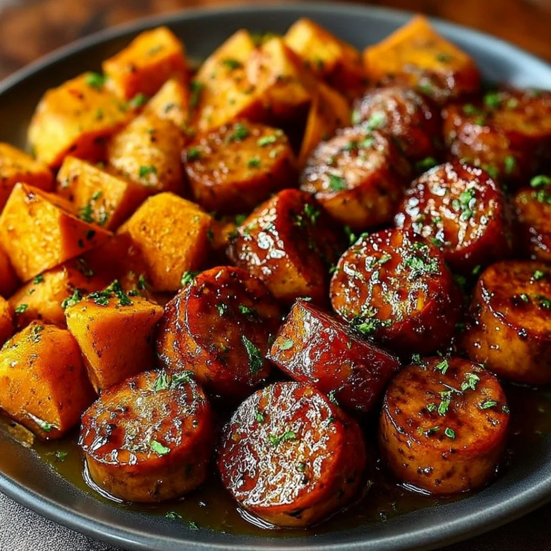 Honey garlic sausage served with roasted sweet potatoes on a plate.