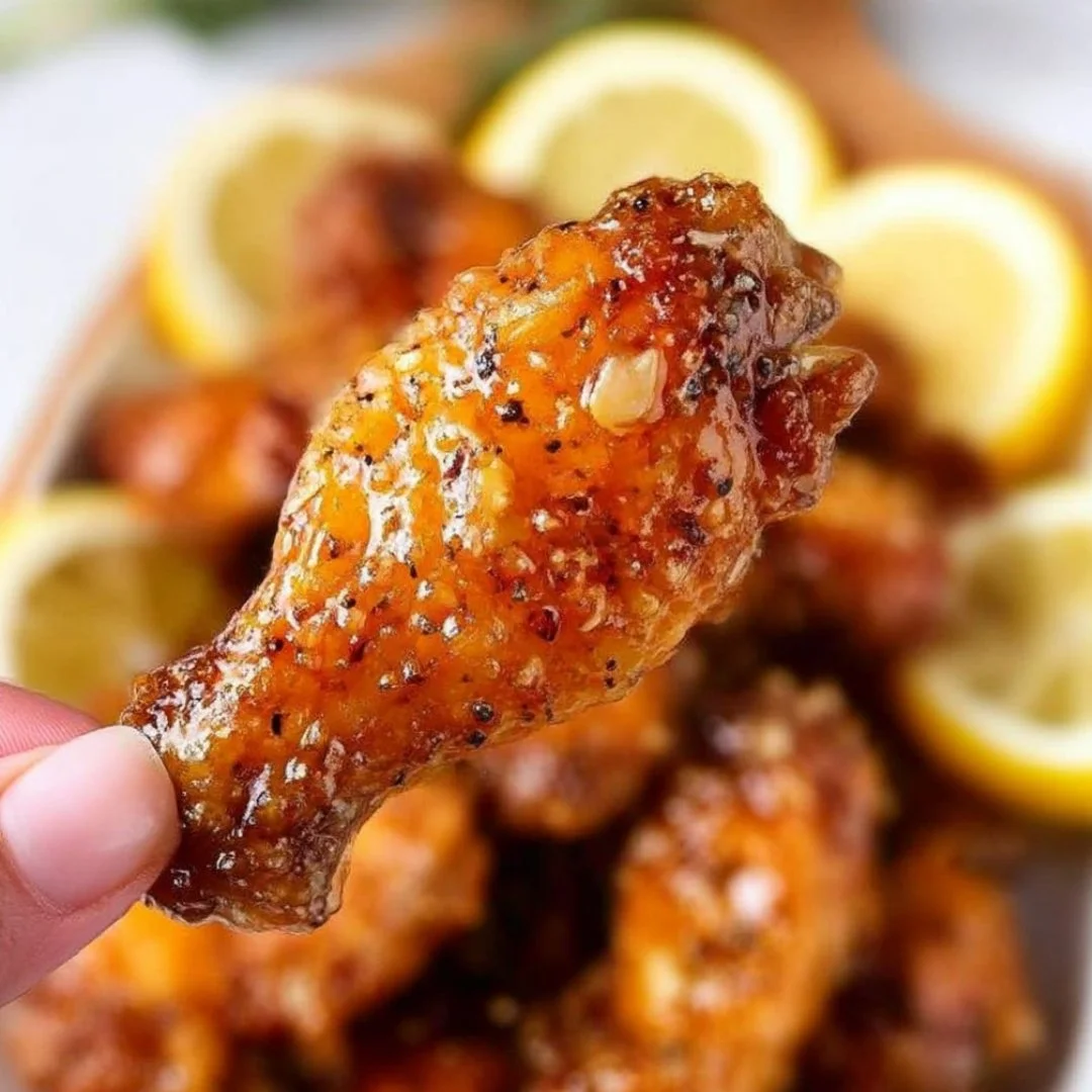 Delicious Honey Lemon Pepper Wings served on a plate with garnish