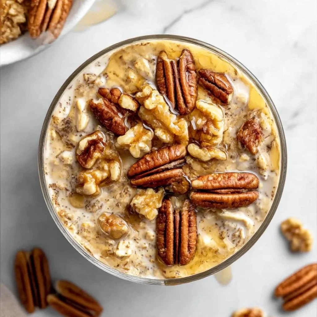 Maple Brown Sugar Overnight Oats in a bowl topped with fresh fruit
