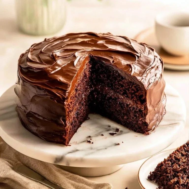 Matilda's homemade chocolate cake topped with rich chocolate frosting and sprinkles.