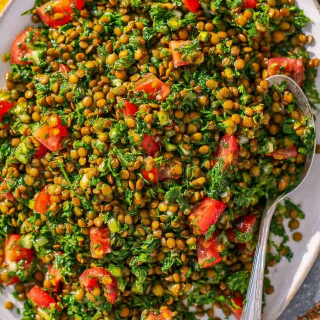 Mediterranean chopped lentil salad topped with fresh vegetables and lemon dressing