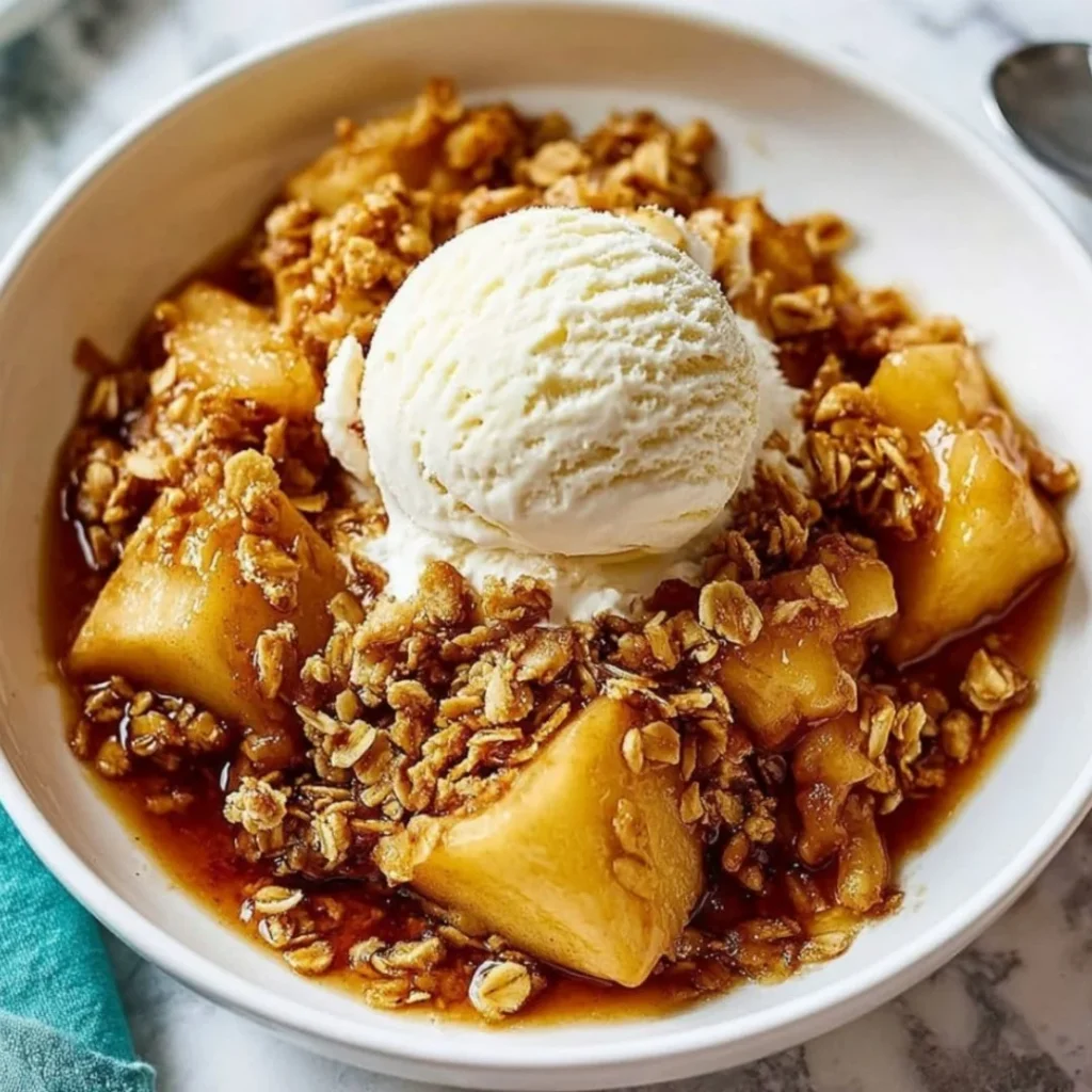 Delicious homemade apple crisp served in a bowl with a scoop of vanilla ice cream