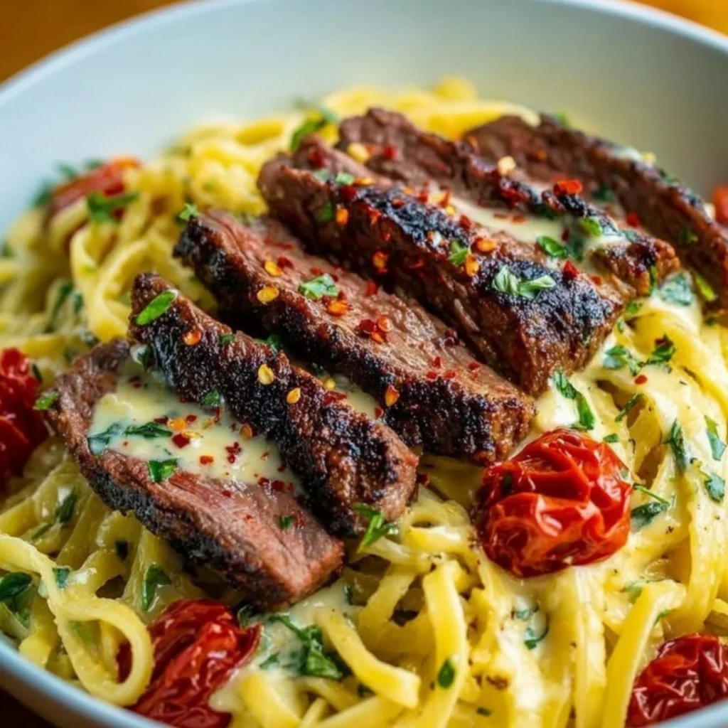 One-Pan Spicy Honey Garlic Steak Pasta garnished with herbs and served in a bowl.