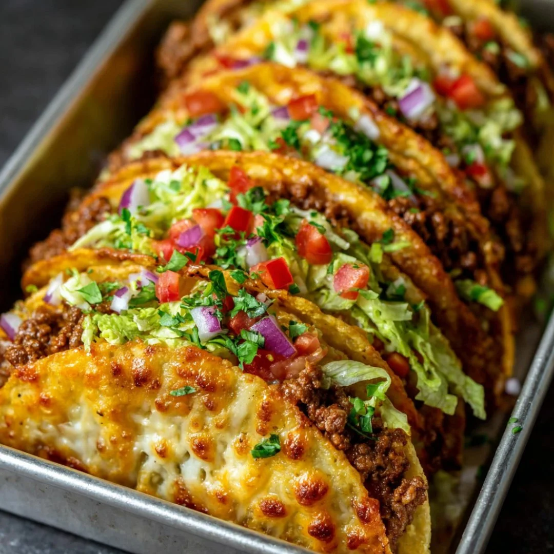 Oven-baked cheesy tacos, crispy and loaded with toppings, ready to serve.