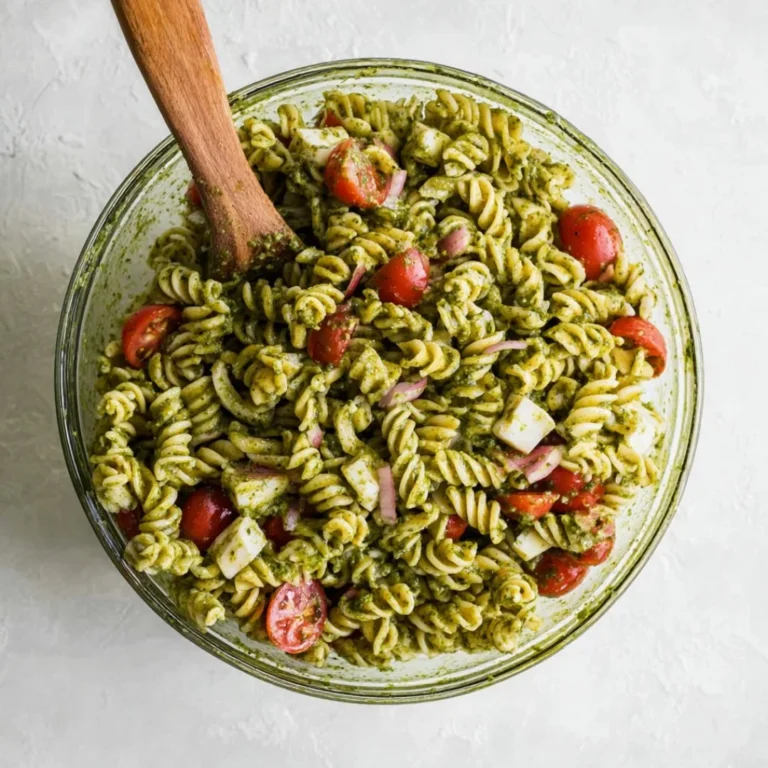 Bowl of colorful pesto pasta salad with cherry tomatoes and basil
