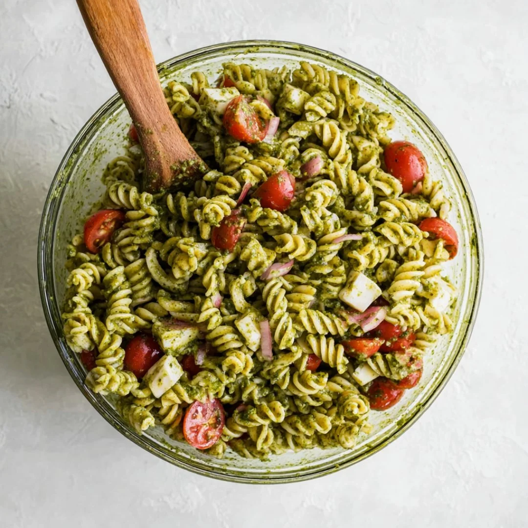 Bowl of colorful pesto pasta salad with cherry tomatoes and basil