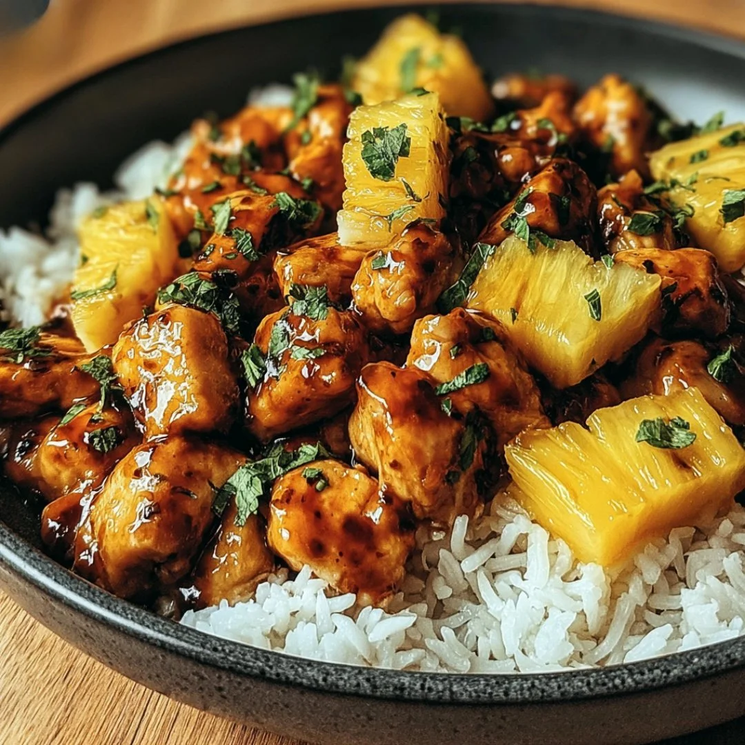 Delicious Pineapple Chicken served with rice in a vibrant dish.