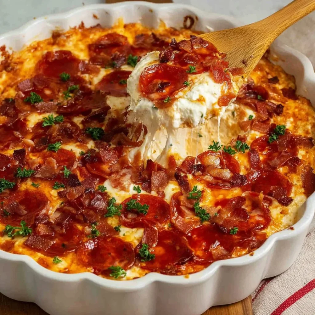 Delicious Pizza Dip with cream cheese and pepperoni served in a dish