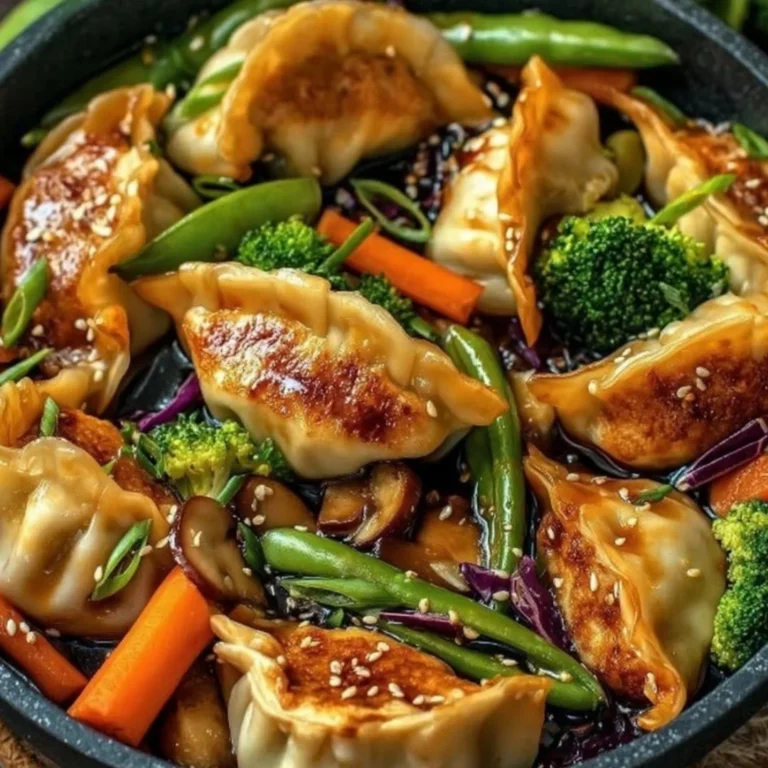 Delicious potsticker stir fry with colorful vegetables and crispy potstickers