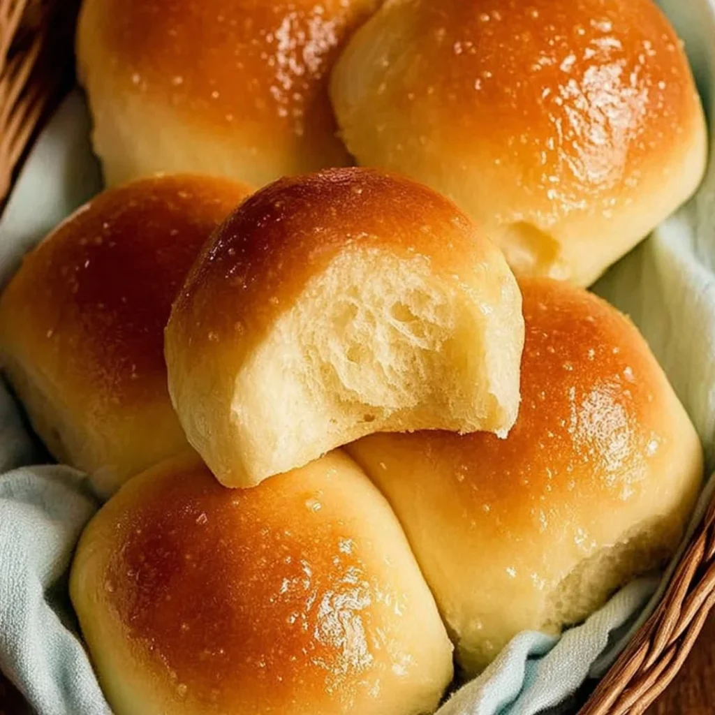 Freshly baked quick jumbo dinner rolls on a wooden table.