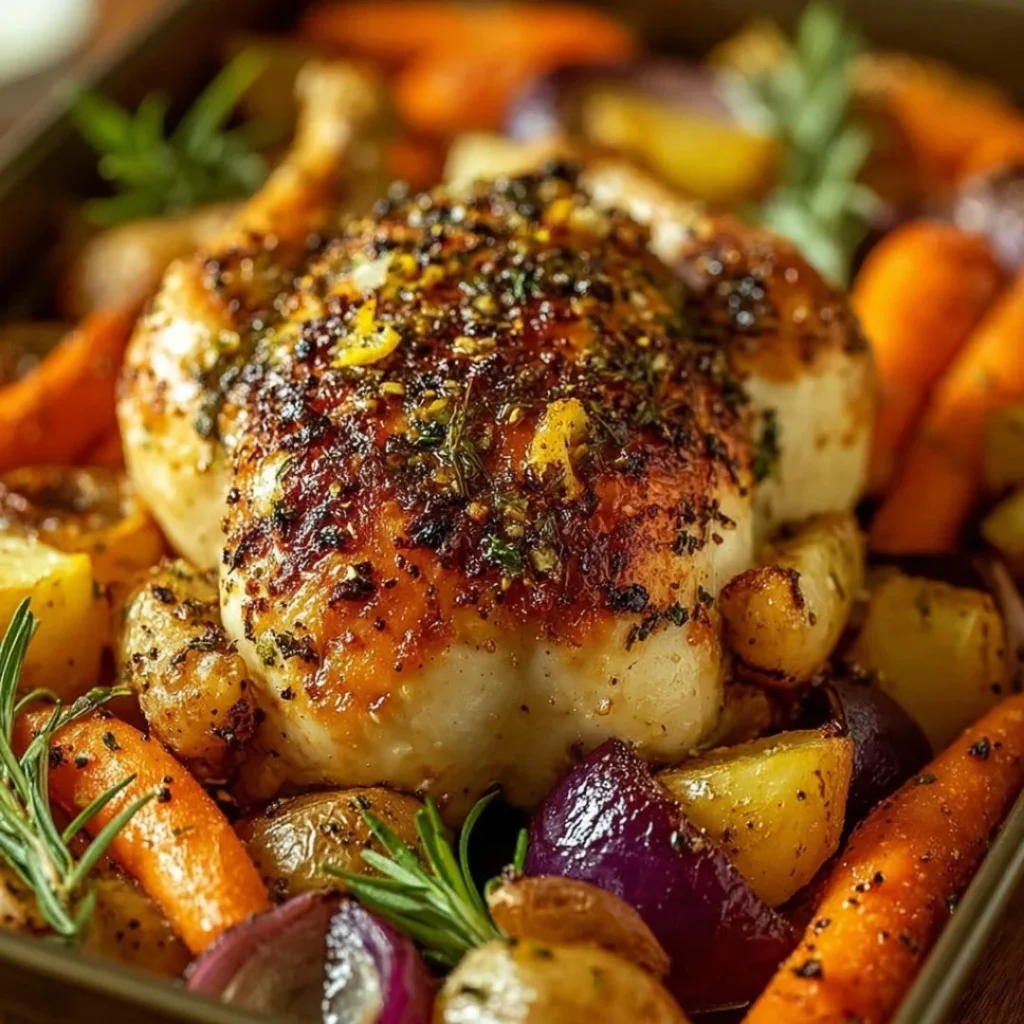 Plate of roasted garlic chicken with colorful vegetables